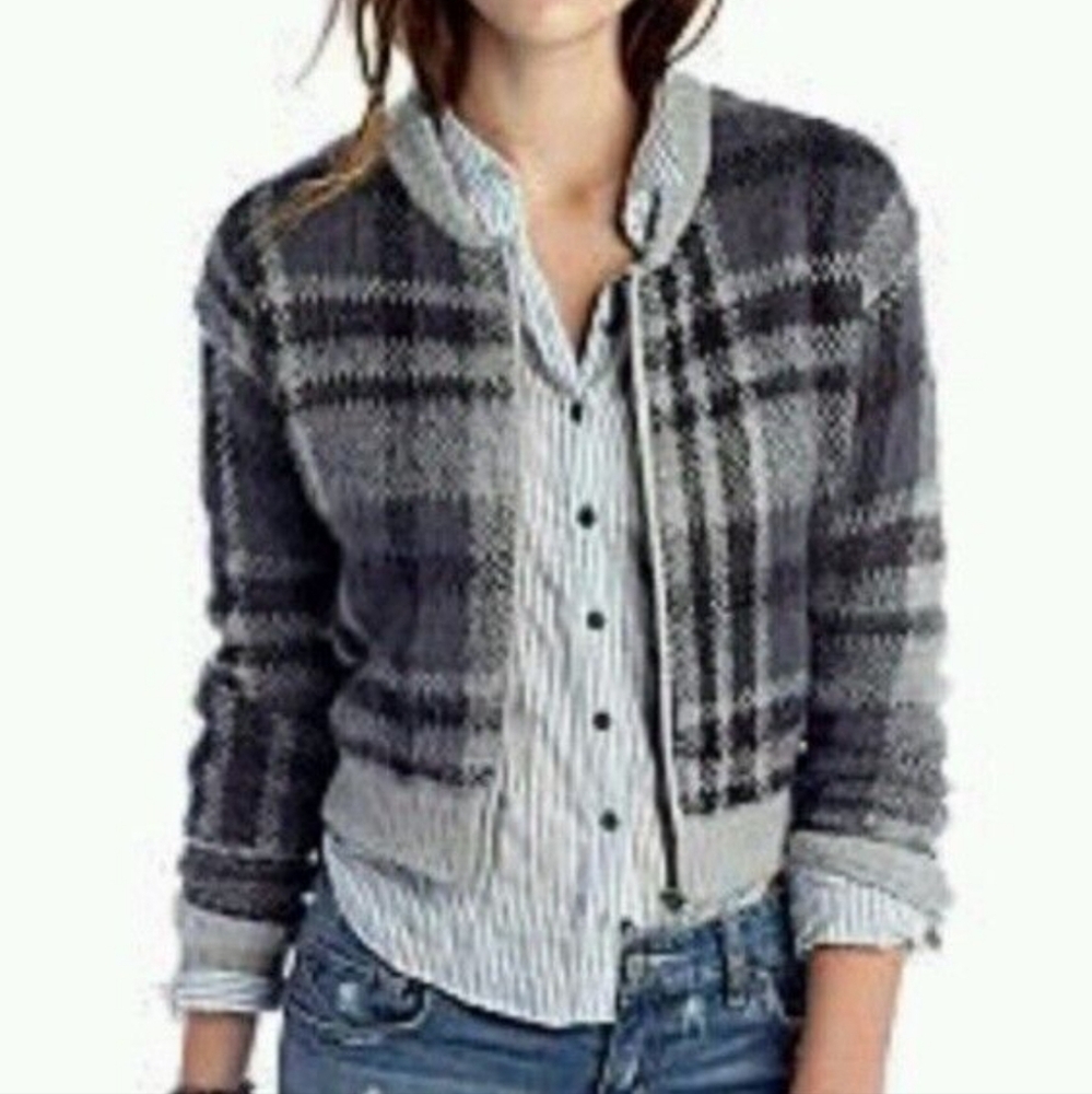 Free People Gray Plaid Knit Cardigan